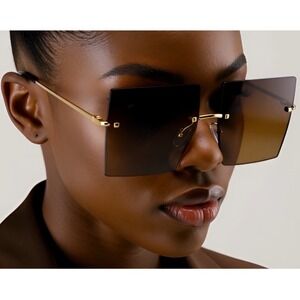 Rimless Sunglasses Square Brown Lens Gold Frame Fashion Trendy Sun Glasses Gafas